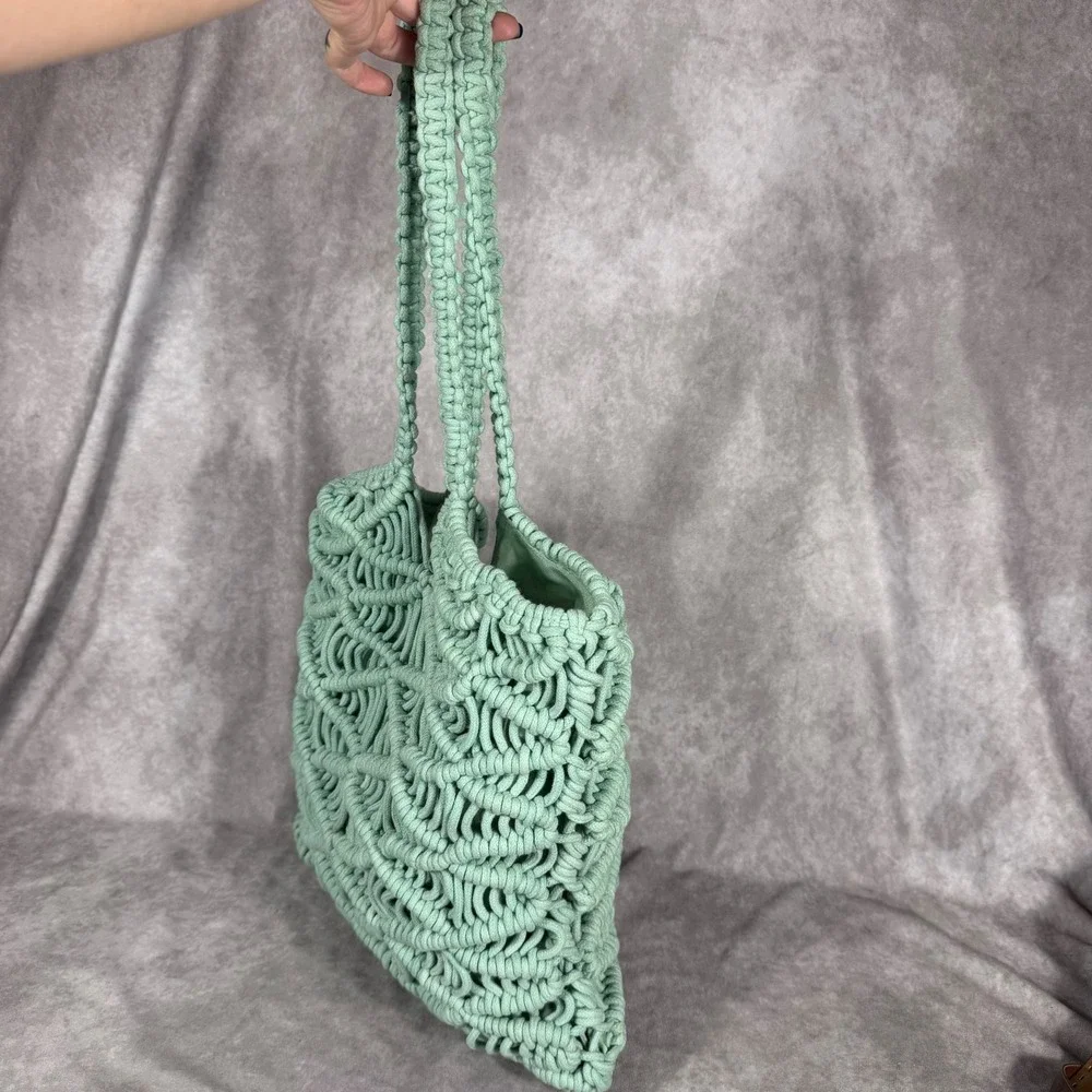 C&C California Macrame Tote Bag Sage Green Mint Knotted Boho Shoulder Bag NWOT